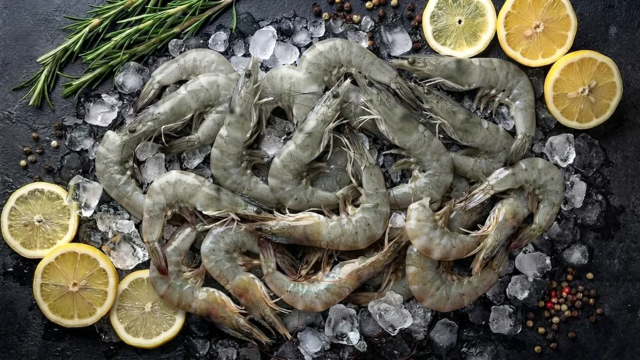 Camarão cinza fresco exposto sobre gelo na Peixaria Ômega 3