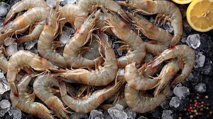 Camarão rosa fresco exposto sobre gelo na Peixaria Ômega 3
