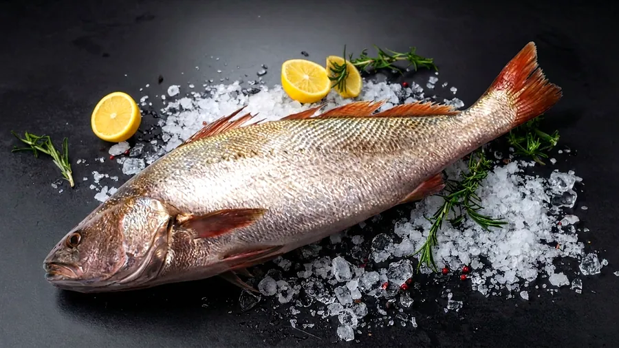 Corvina do mar fresco exposto sobre gelo na Peixaria Ômega 3
