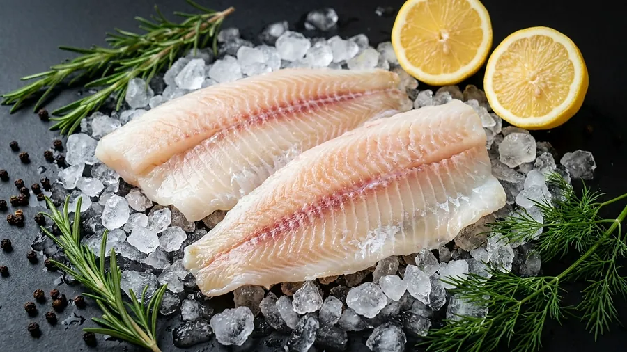 Filé de merluza fresco exposto sobre gelo na Peixaria Ômega 3
