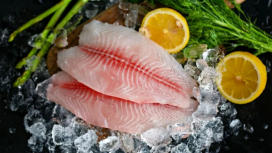 Filé de tilápia fresco exposto sobre gelo na Peixaria Ômega 3