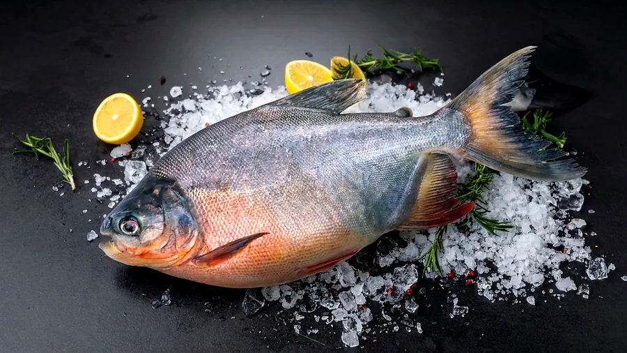 Pacu fresco exposto sobre gelo na Peixaria Ômega 3