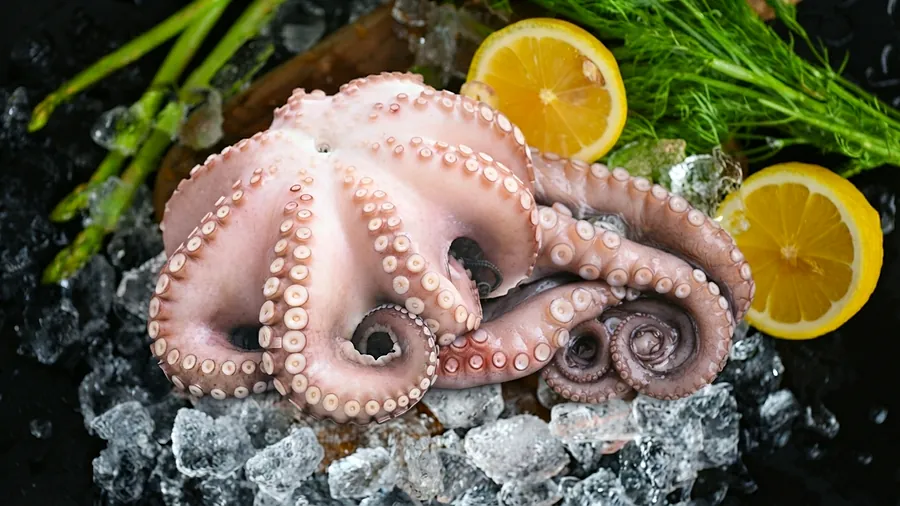 Polvo fresco exposto sobre gelo na Peixaria Ômega 3